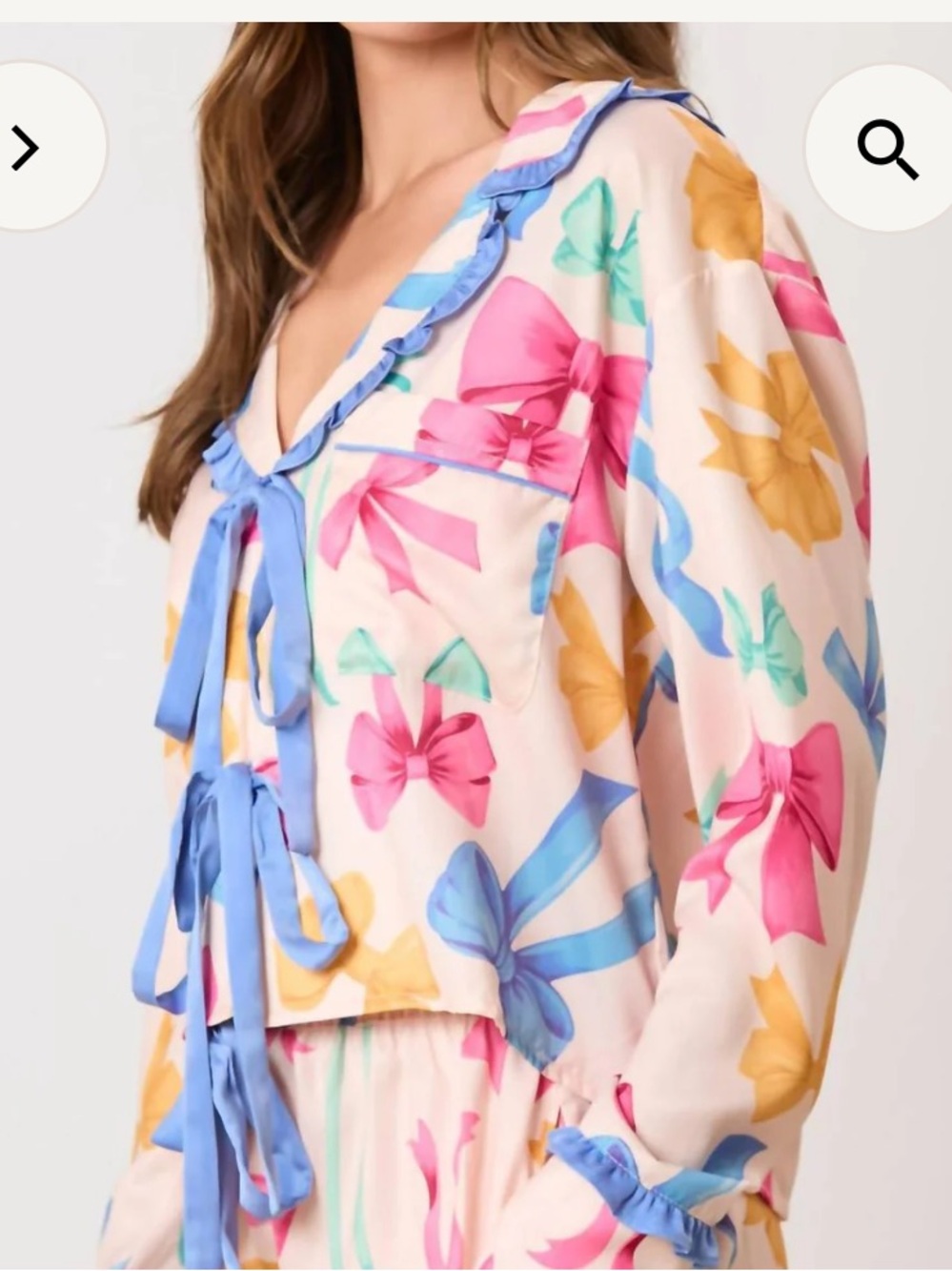 Peach Love California Bows and Tie Long Sleeve Pajama Top Size Large